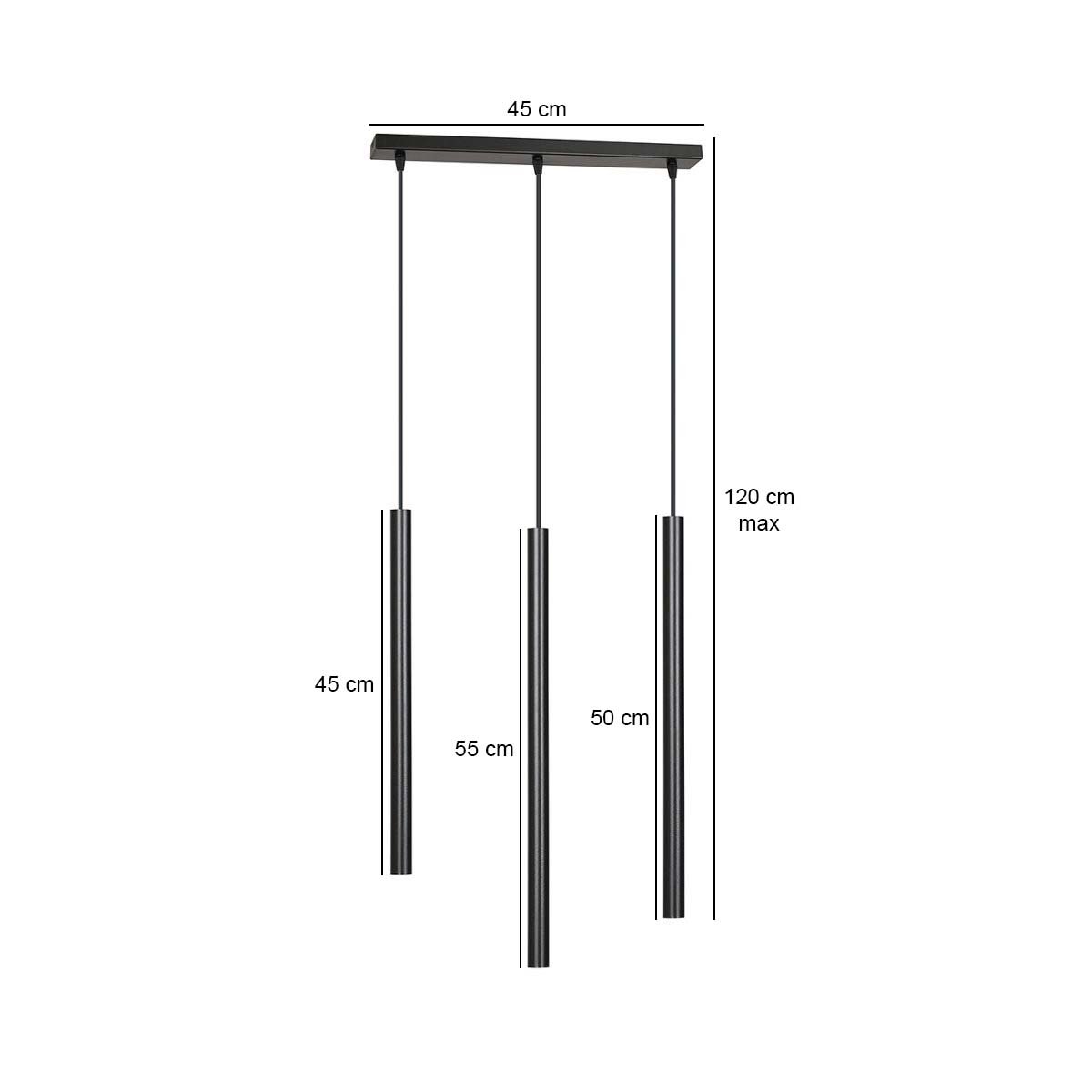 Schéma de dimensions indiquant 45 cm de large et 120 cm de hauteur maximale
