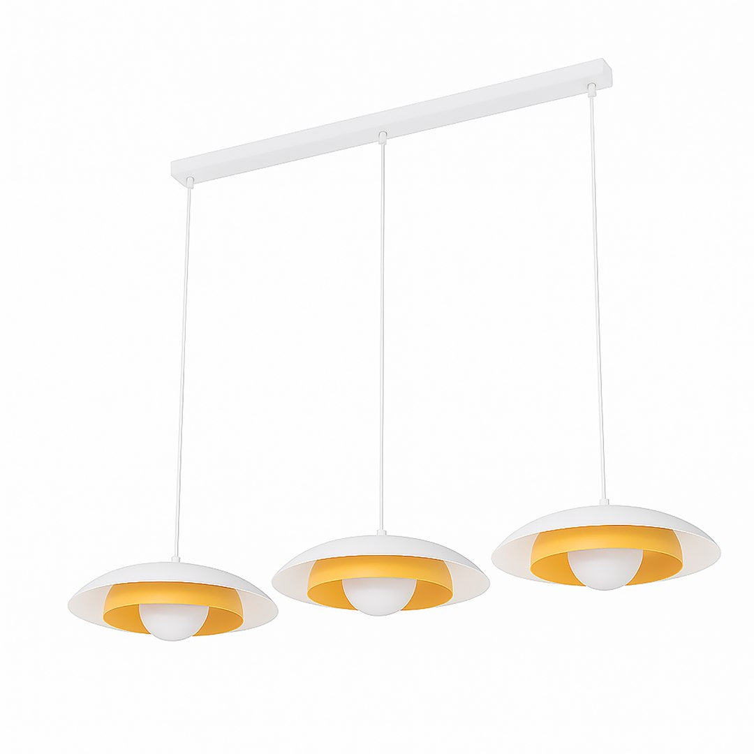 Photo détourée sur fond blanc des trois suspensions blanches à anneau orange alignées