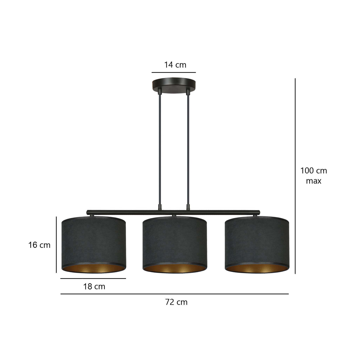 Schéma coté : 72 cm de large, 100 cm de hauteur maximale, abat-jours de 18 cm