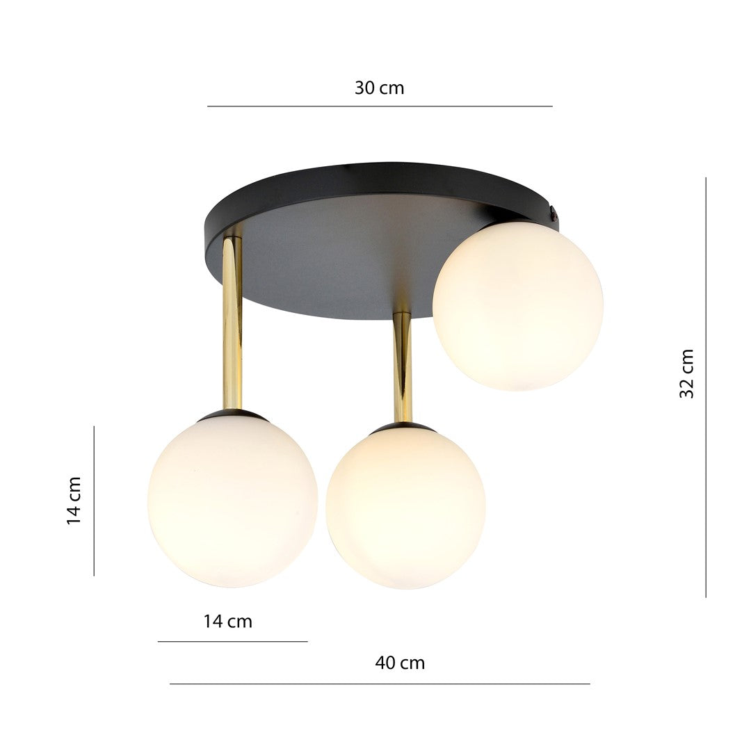 Schéma de dimensions coté : largeur 40 cm, hauteur 32 cm, globes 14 cm