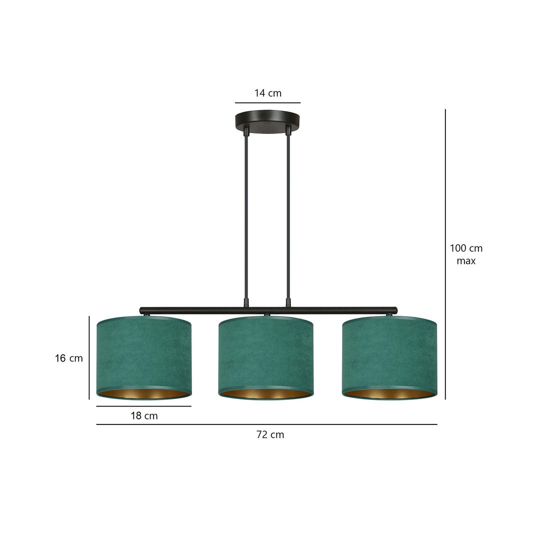 Schéma coté du luminaire avec hauteur, largeur et dimensions des abat-jours