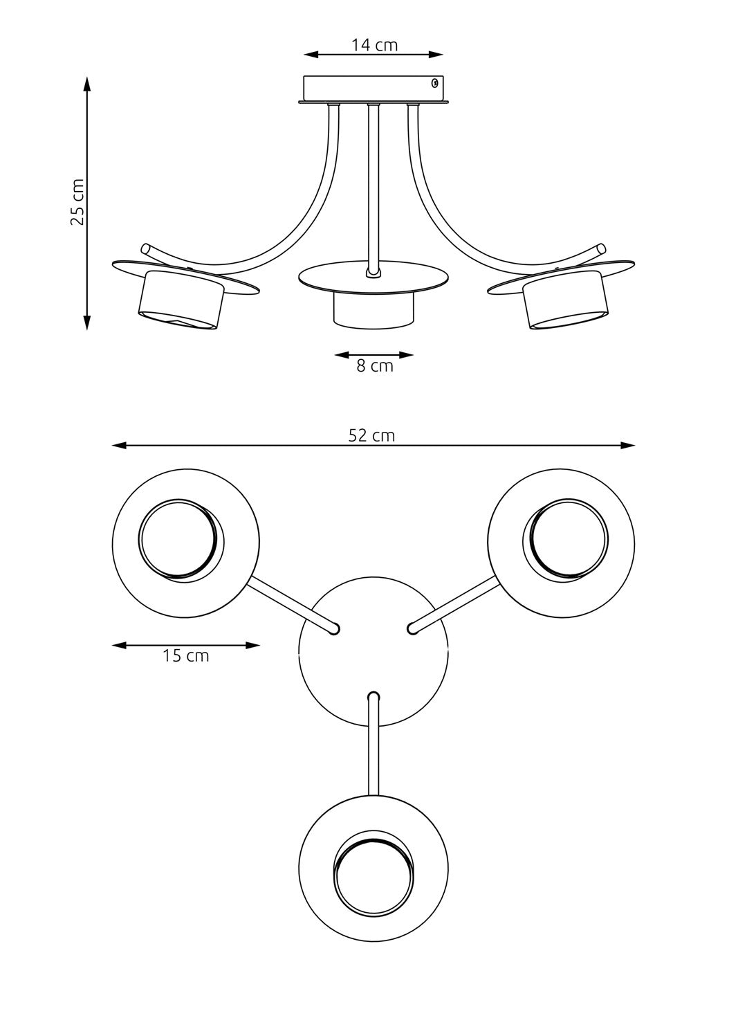 Schéma coté du luminaire : hauteur, diamètre de la base et longueur des bras