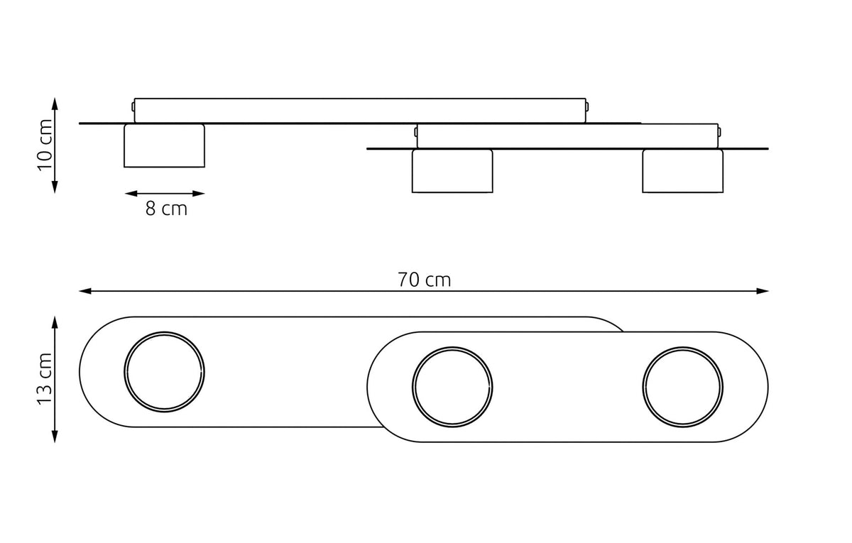 Schéma coté du luminaire : 70 cm de long, 13 cm de large, 10 cm de haut