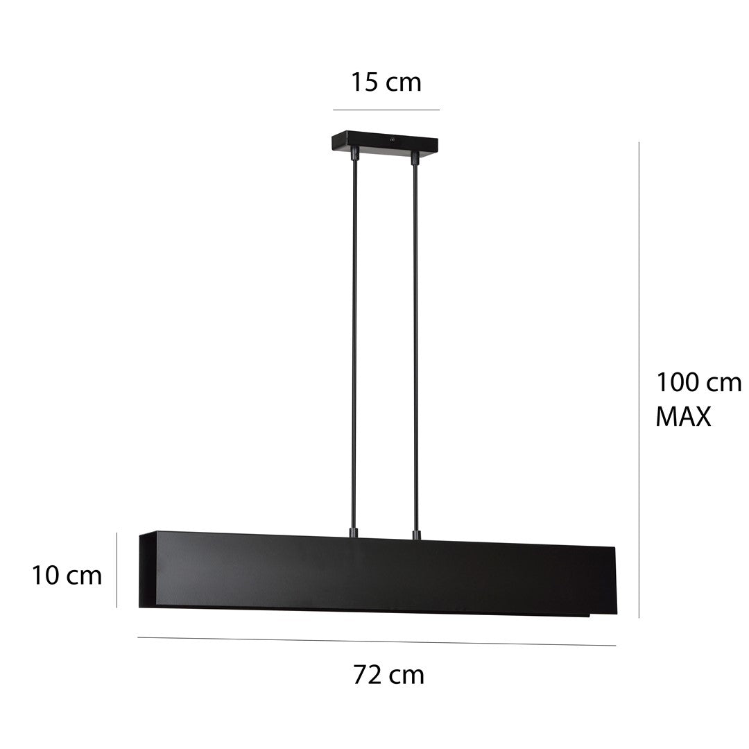 Schéma coté montrant 72 cm de long, 10 cm de haut et 100 cm maximum