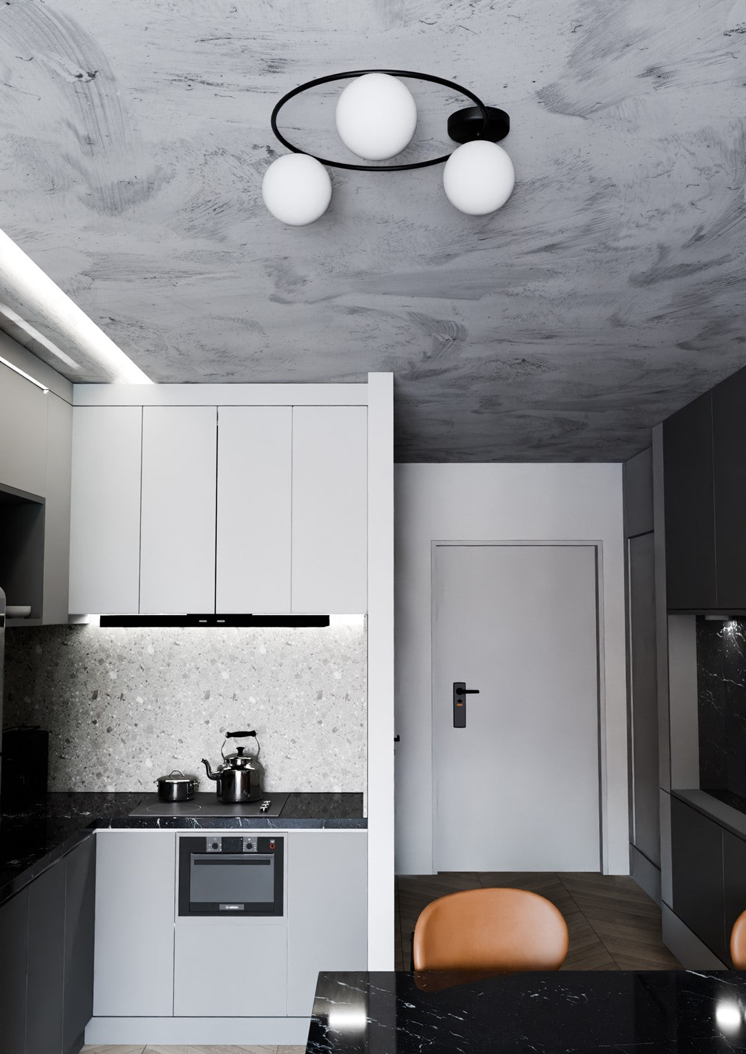 Ambiance cuisine contemporaine, plafonnier allumé vu du bas au-dessus des meubles