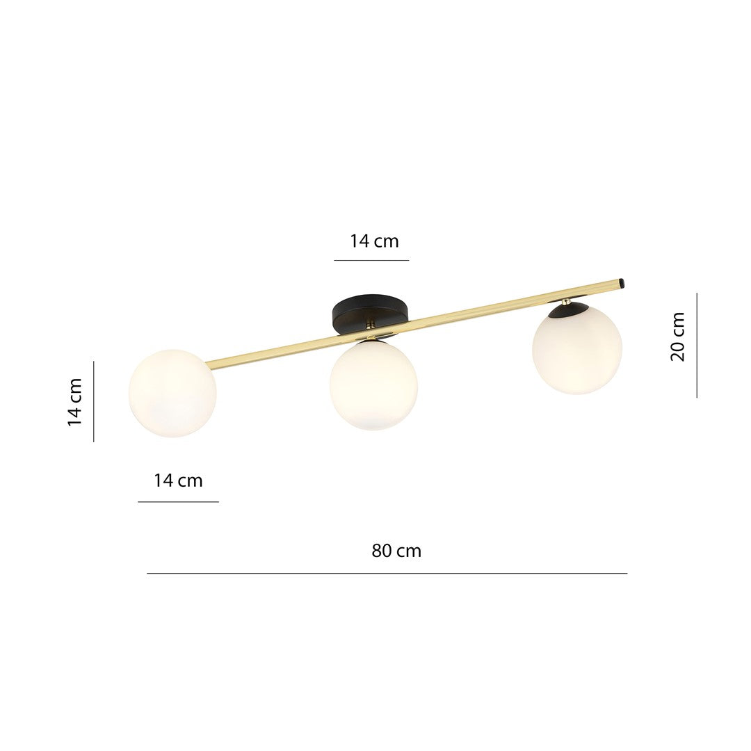 Schéma de dimensions : largeur 80 cm, hauteur 20 cm, globes 14 cm.