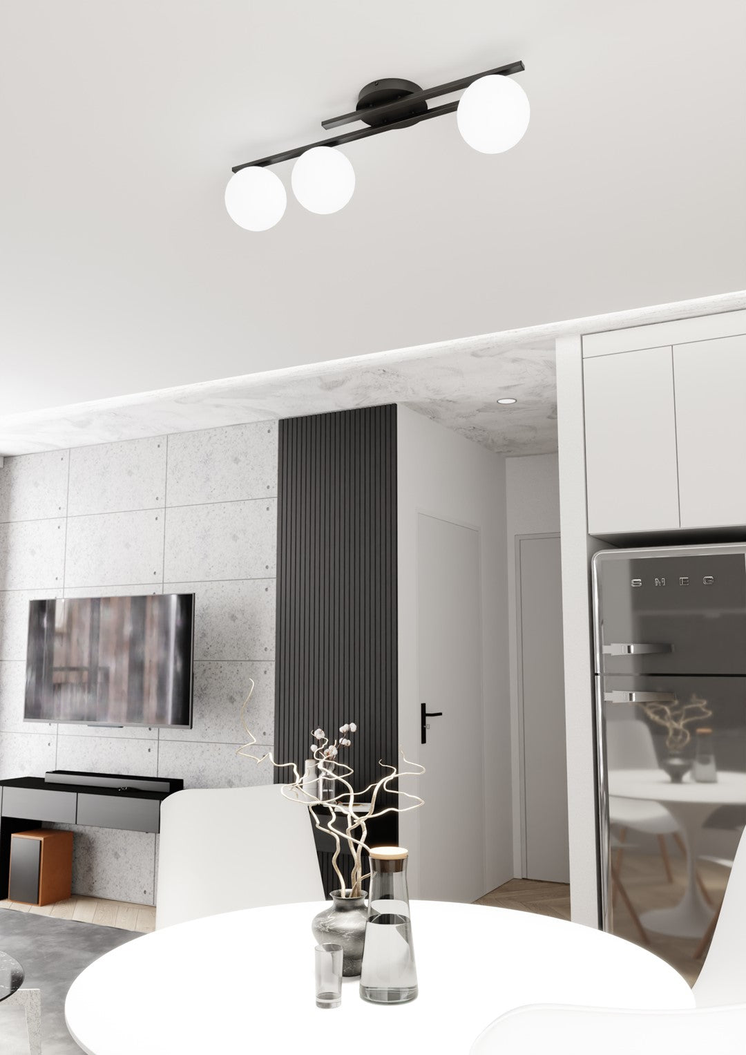 Luminaire fixé au plafond d'une pièce à manger blanche près de la cuisine