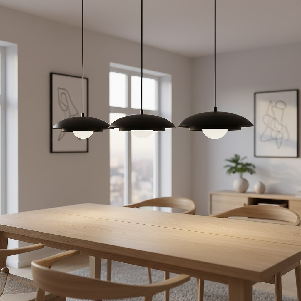Mise en ambiance au-dessus d'une table à manger en bois dans un intérieur clair