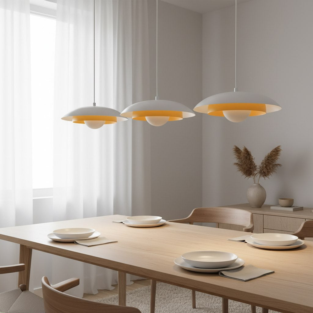 Mise en ambiance au-dessus d'une table en bois dans une salle à manger claire