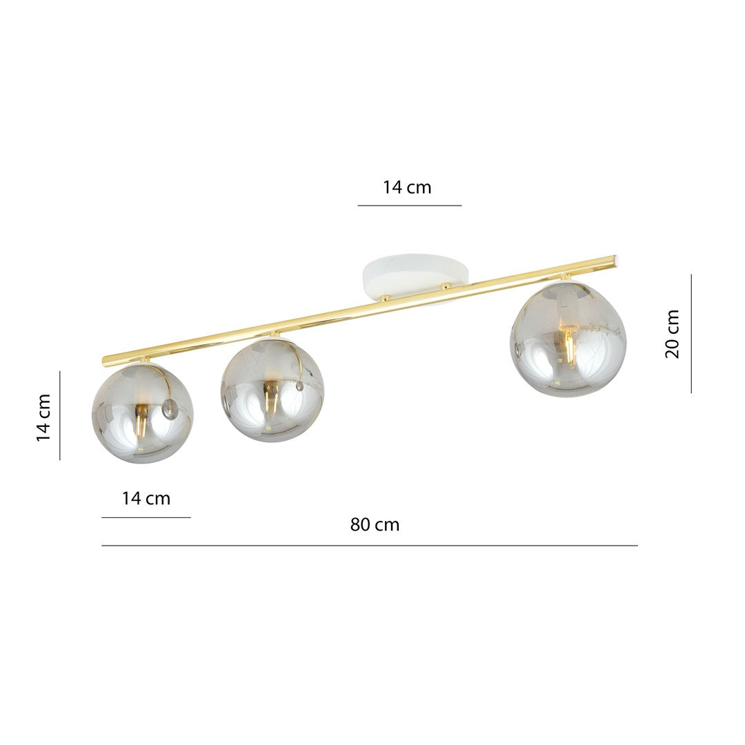 Schéma coté du plafonnier : 80 cm de large, boules de 14 cm