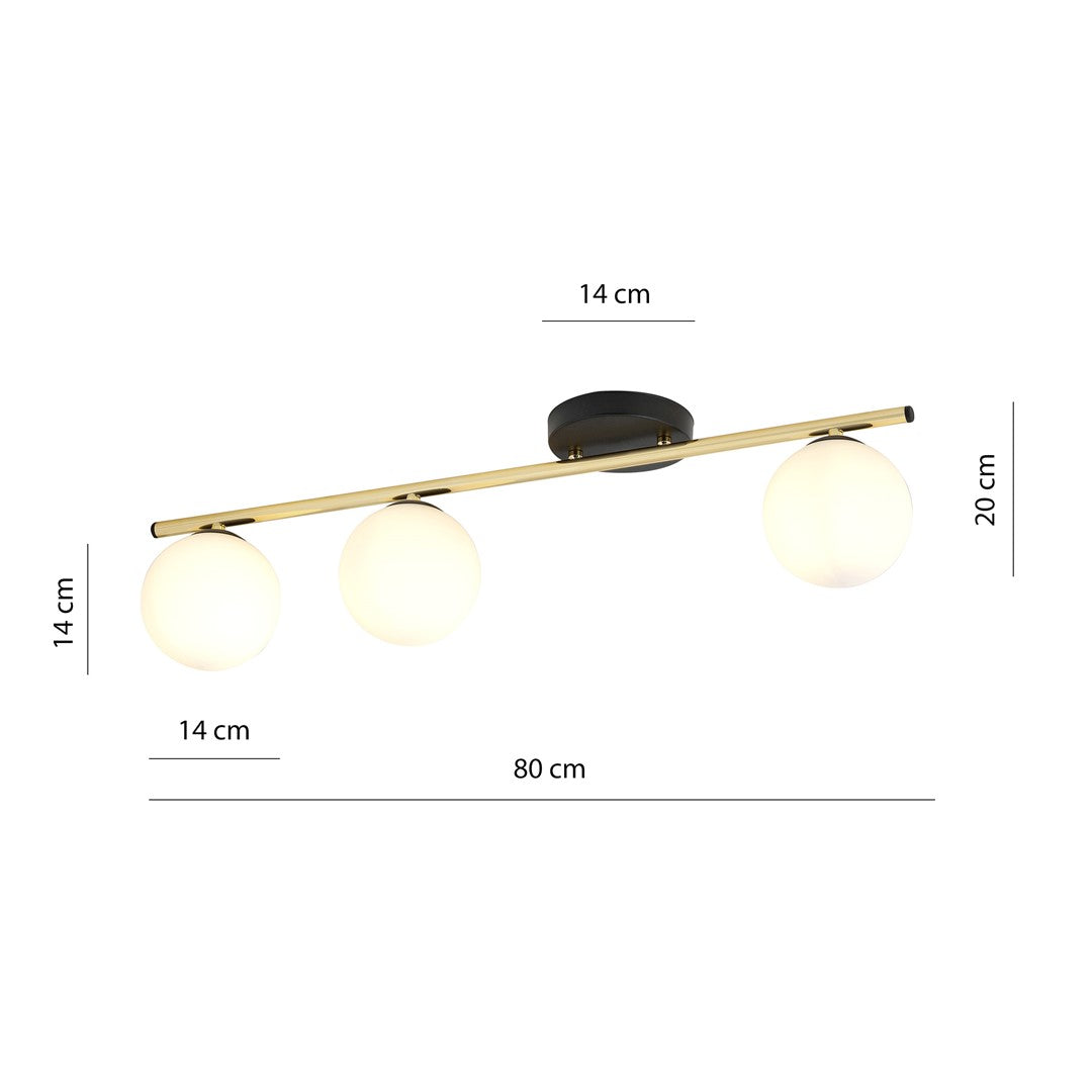 Schéma coté : largeur 80 cm, hauteur 20 cm, globes de 14 cm