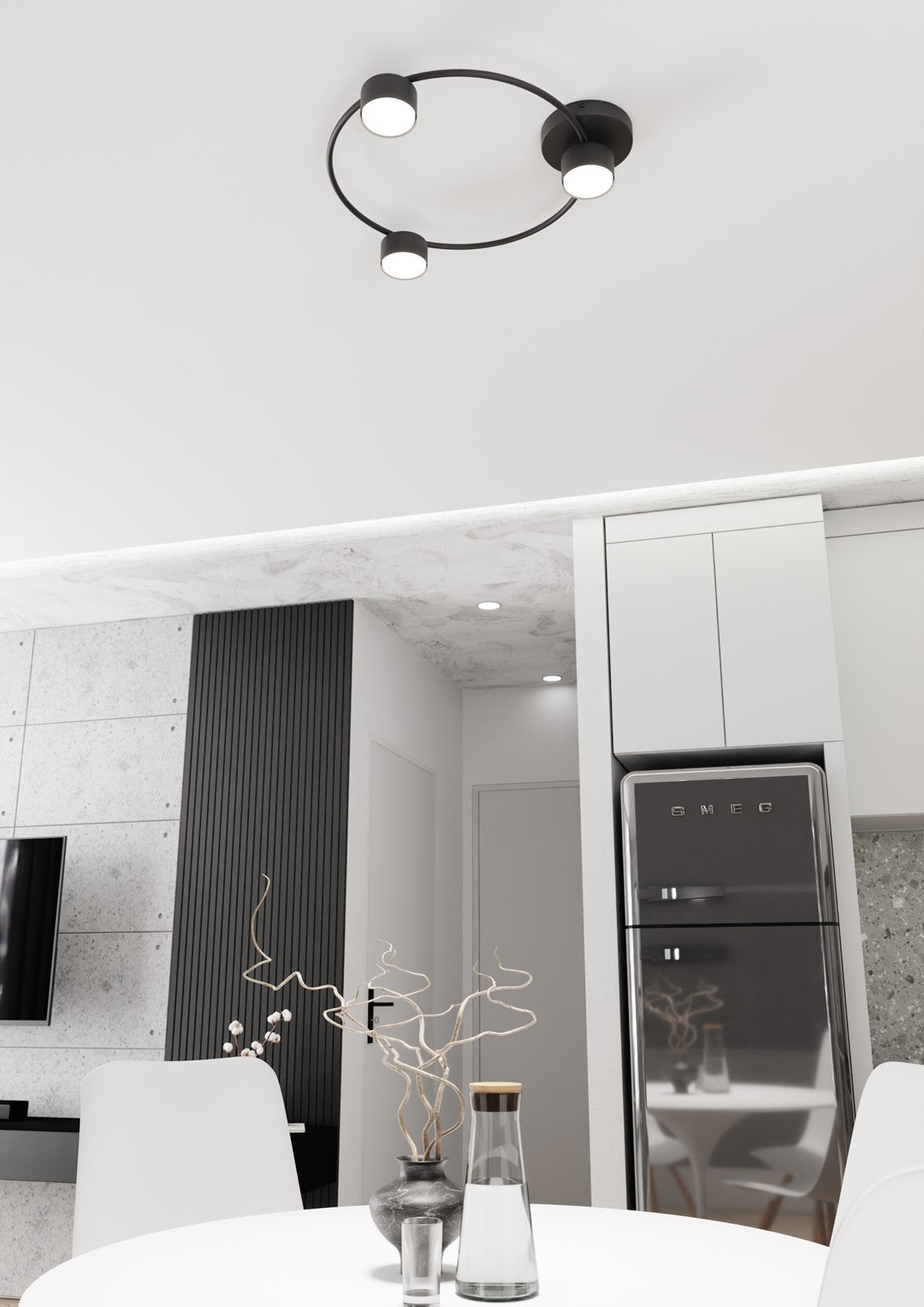 Luminaire en situation au-dessus d'une table, intérieur contemporain gris