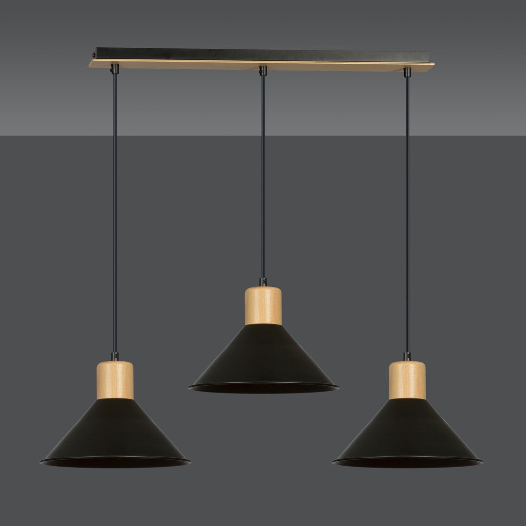 Vue de face sur fond gris anthracite avec trois suspensions alignées.