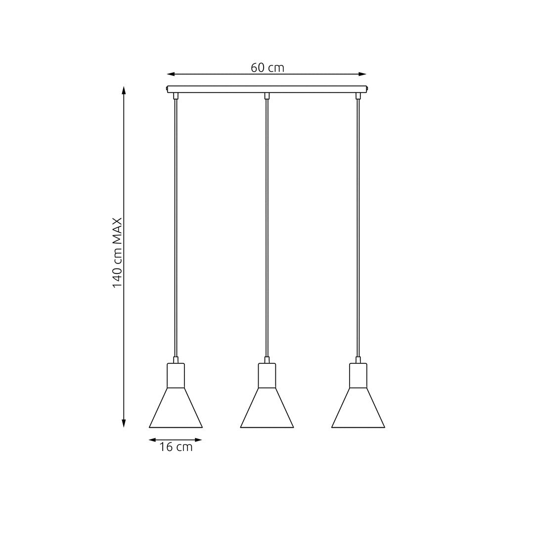 Schéma technique coté : largeur 60 cm, hauteur maximale 140 cm, diamètre abat-jour 16 cm.