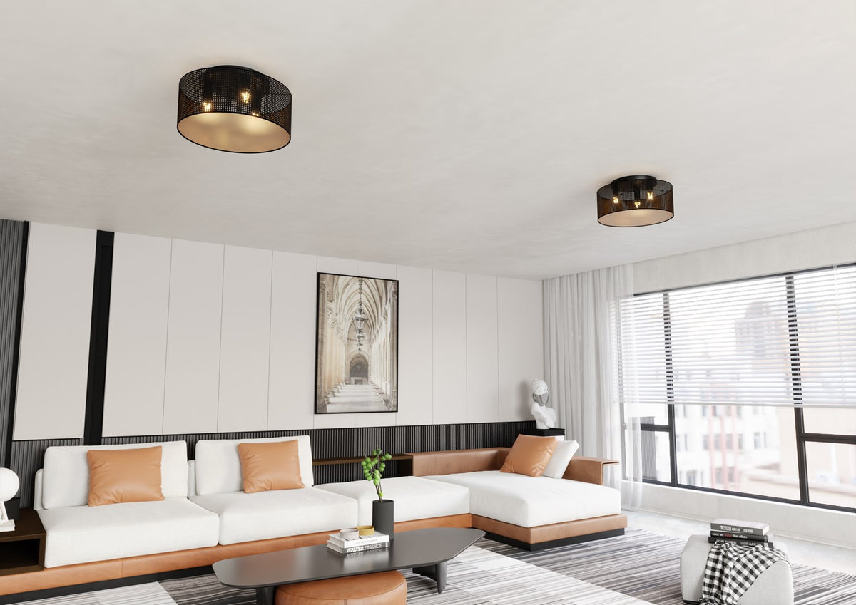 Mise en ambiance salon moderne, deux suspensions identiques fixées au plafond blanc