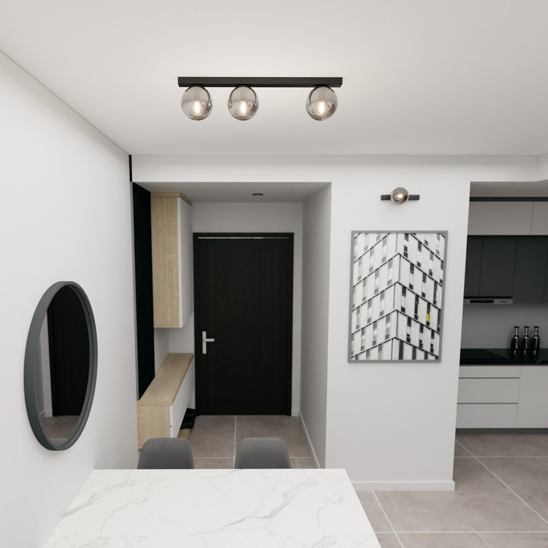 Vue en situation dans une entrée, luminaire fixé au plafond près d'un miroir rond