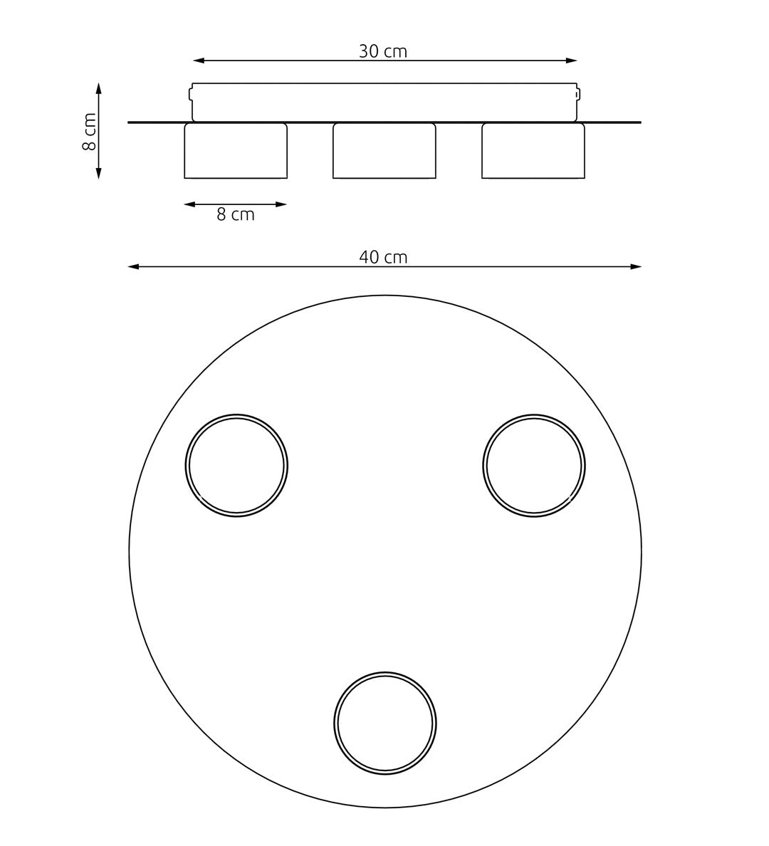 Plan coté du plafonnier : diamètre 40 cm, hauteur totale 8 cm, trois spots de 8 cm.