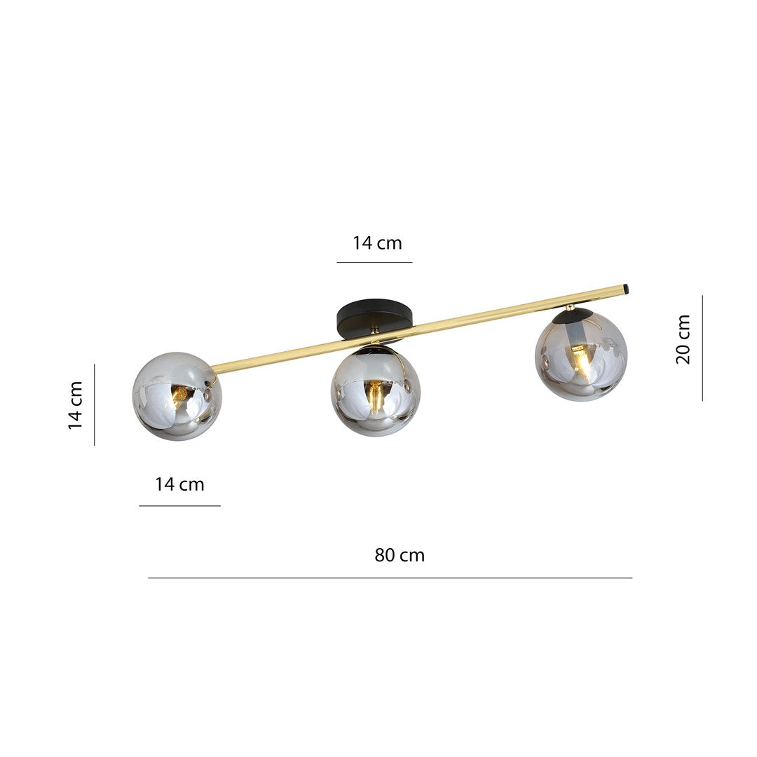 Schéma de dimensions : largeur 80 cm, hauteur 20 cm, globes 14 cm
