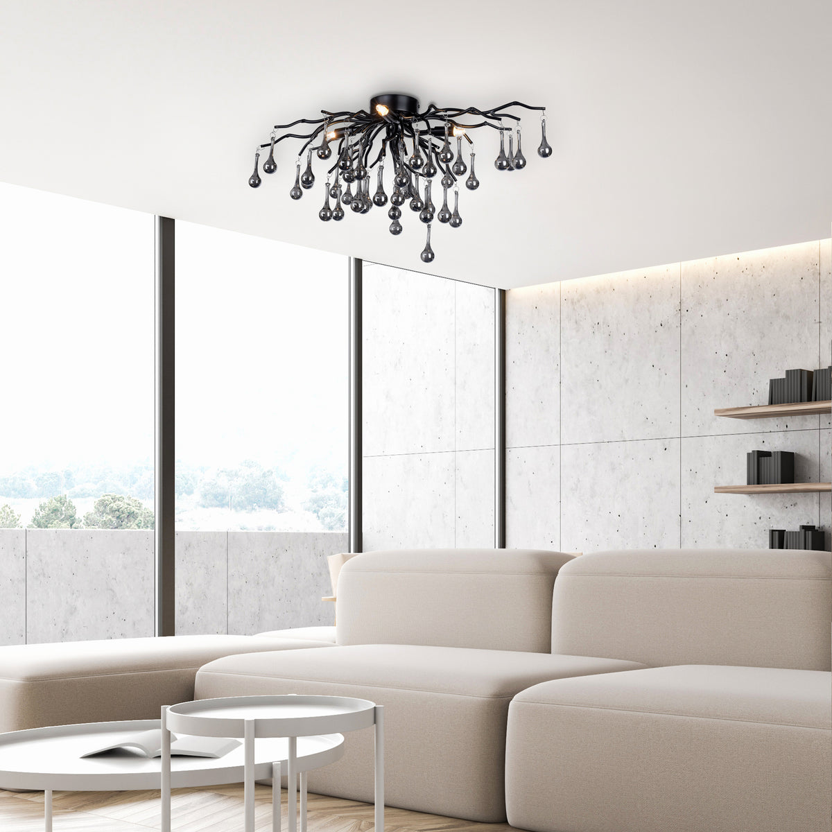 Mise en ambiance dans un salon contemporain clair, plafonnier fixé au plafond