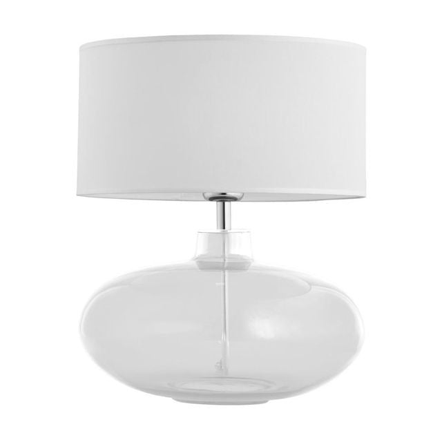 Version à base en verre transparent et abat-jour blanc, présentée de face sur fond clair.