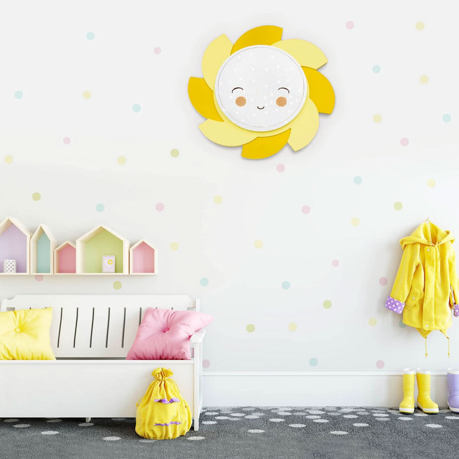 Applique murale LED Soleil Starlight Smile en bois, jaune, Ø 60 cm