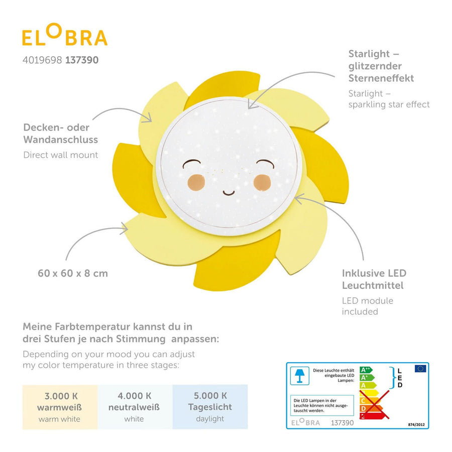 Applique murale LED Soleil Starlight Smile en bois, jaune, Ø 60 cm