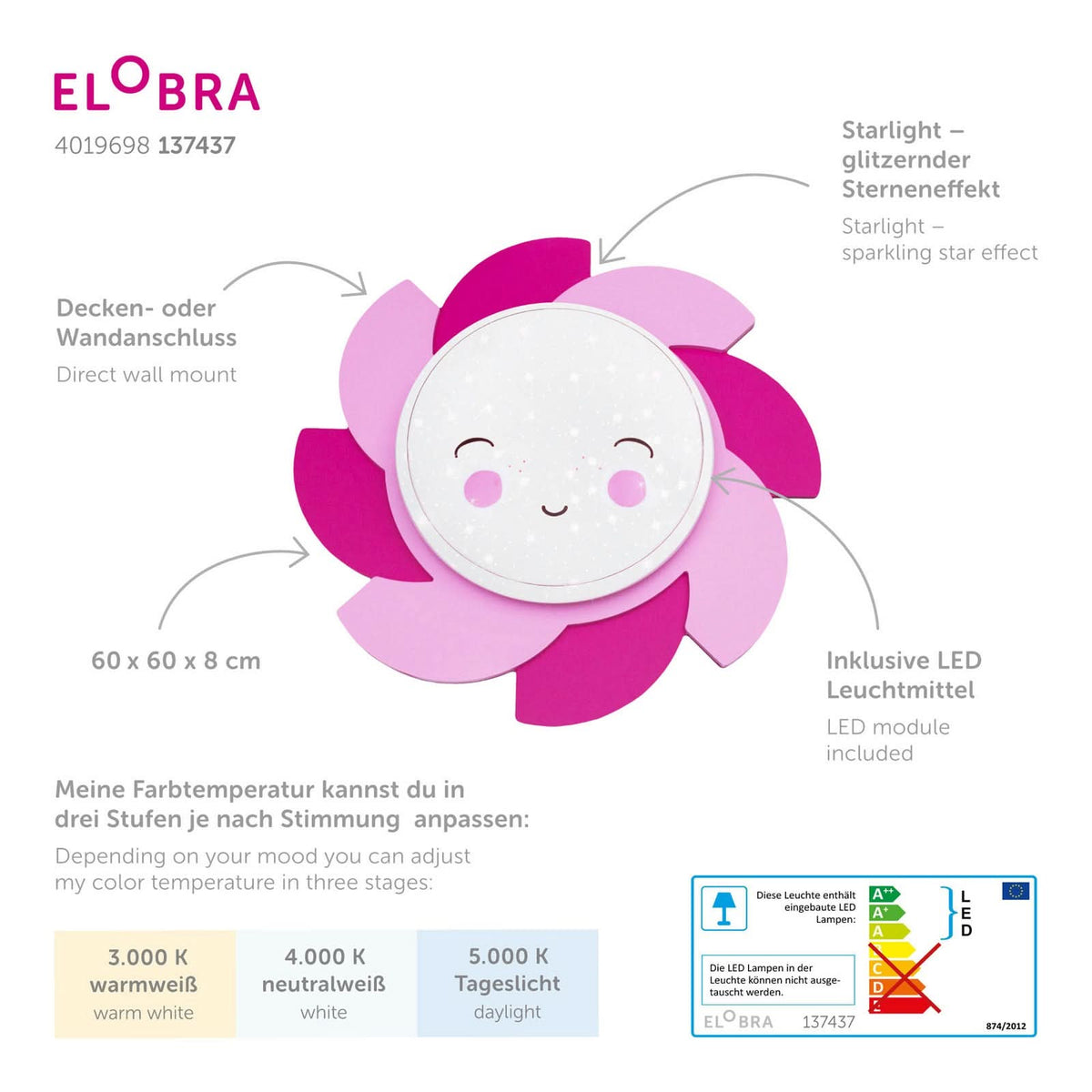 Applique murale LED Soleil Starlight Smile en bois, rose, Ø 60 cm