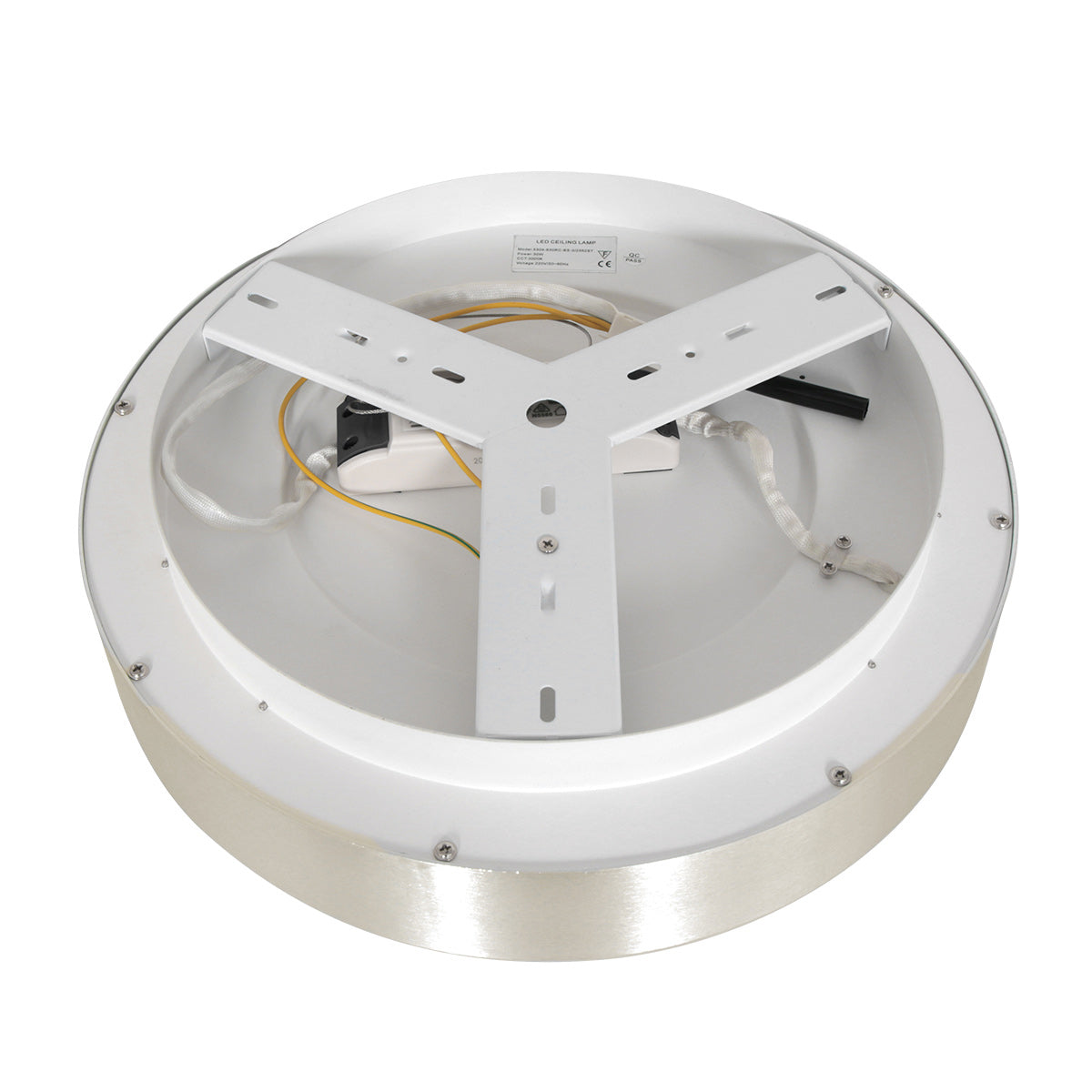 Dos du luminaire : plaque blanche, driver LED, fils et fixation en Y.