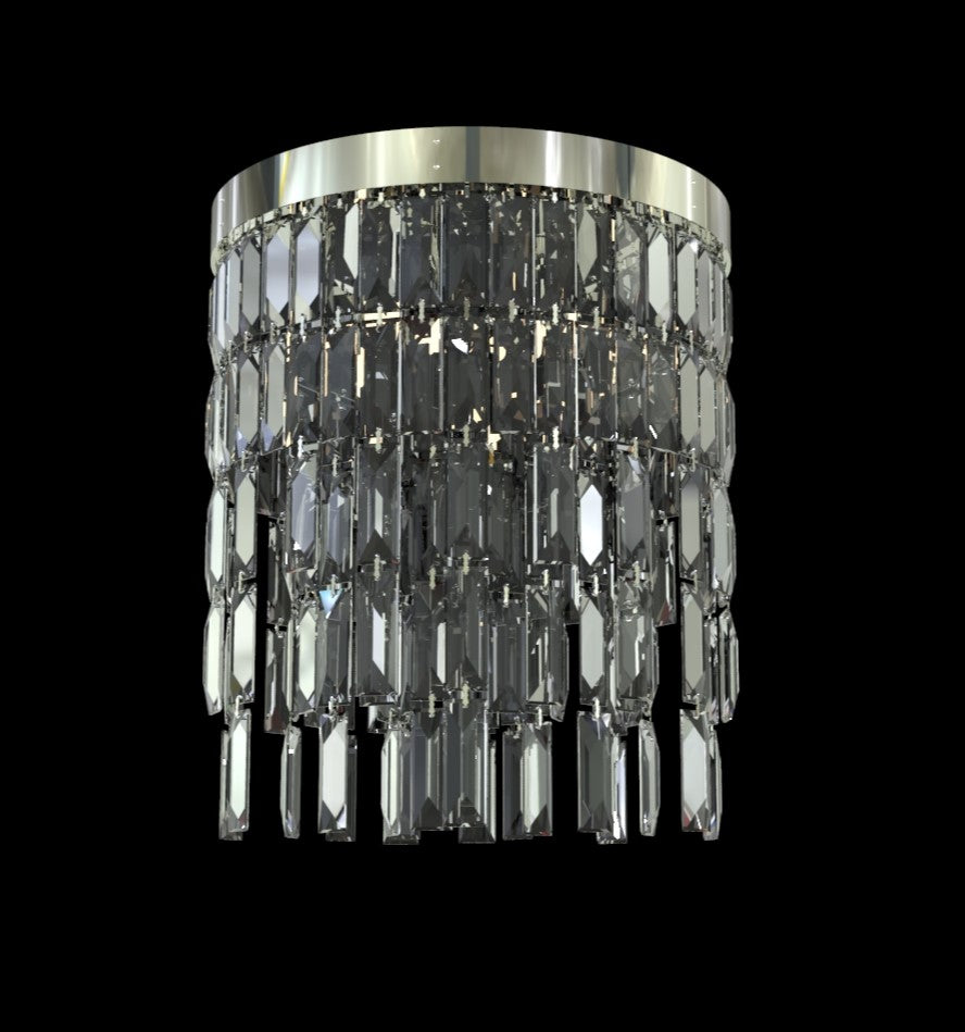 Même luminaire avec monture chromée argentée, pampilles transparentes sur fond noir