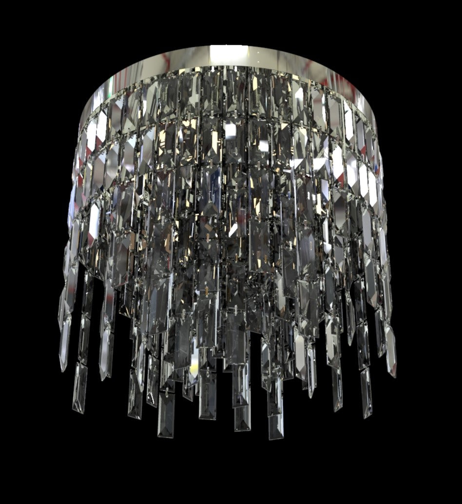 Vue rapprochée du bas du luminaire, ampoule visible à travers les cristaux