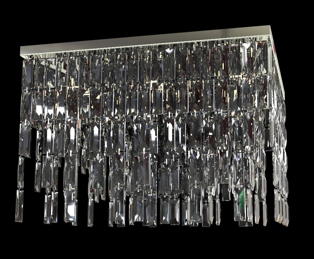 Vue de face du luminaire, rideau dense de prismes transparents sur socle fin