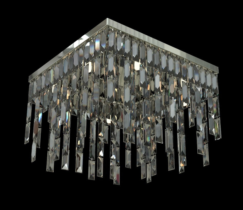 Vue rapprochee du meme luminaire, structure argentee et pendants rectangulaires en cristal facette