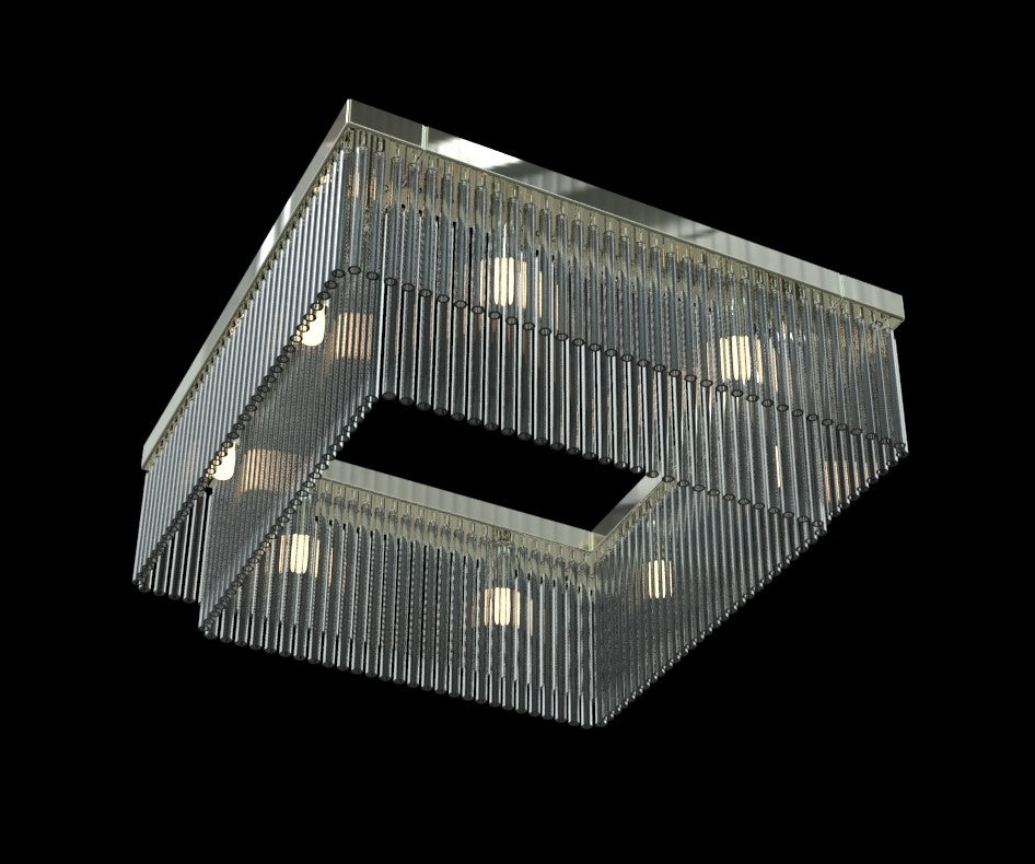 Vue de biais du luminaire carré, armature métallique et tiges de verre serrées