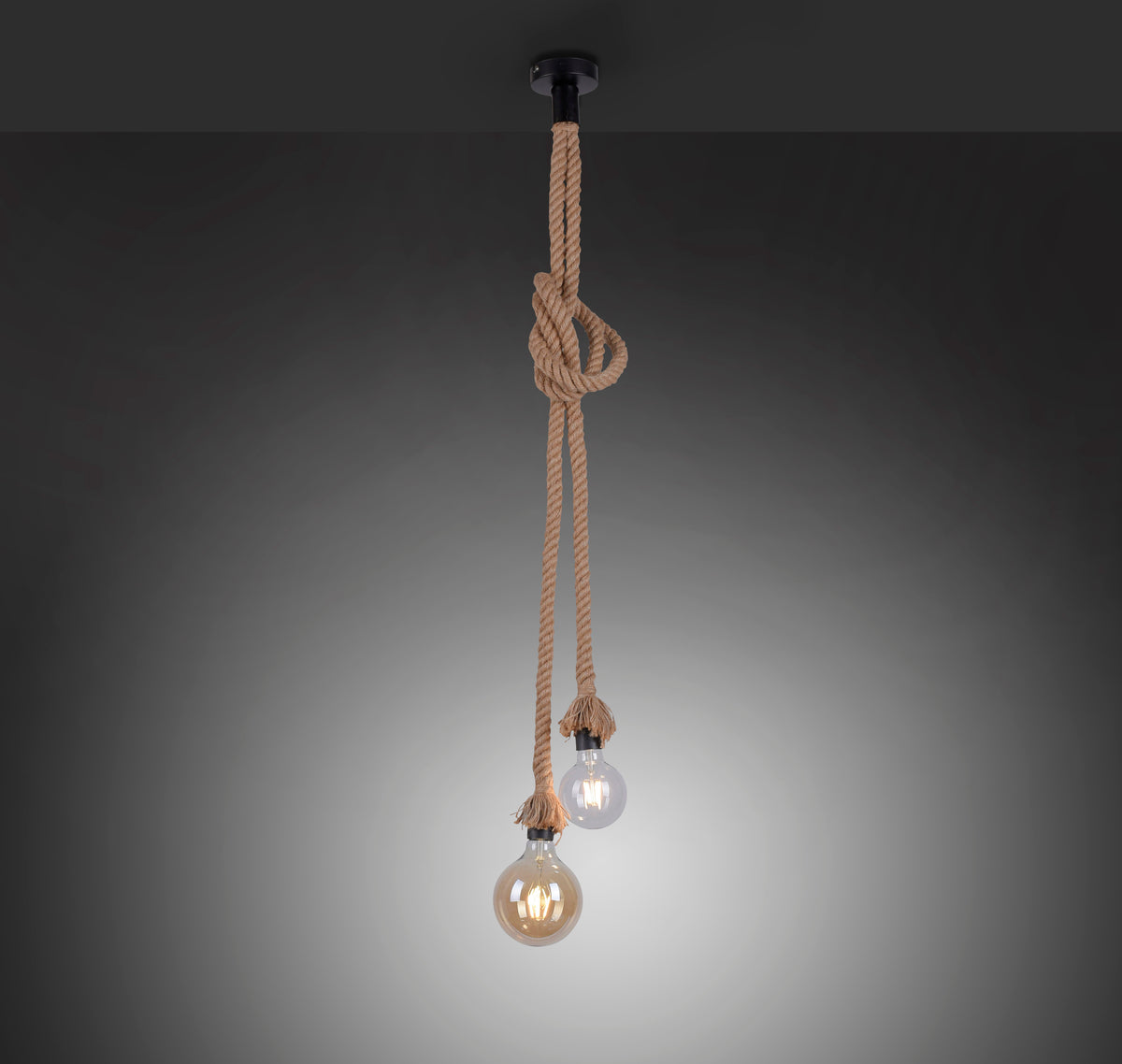 Suspension éclairée en ambiance sombre, dégradé gris, ampoules visibles