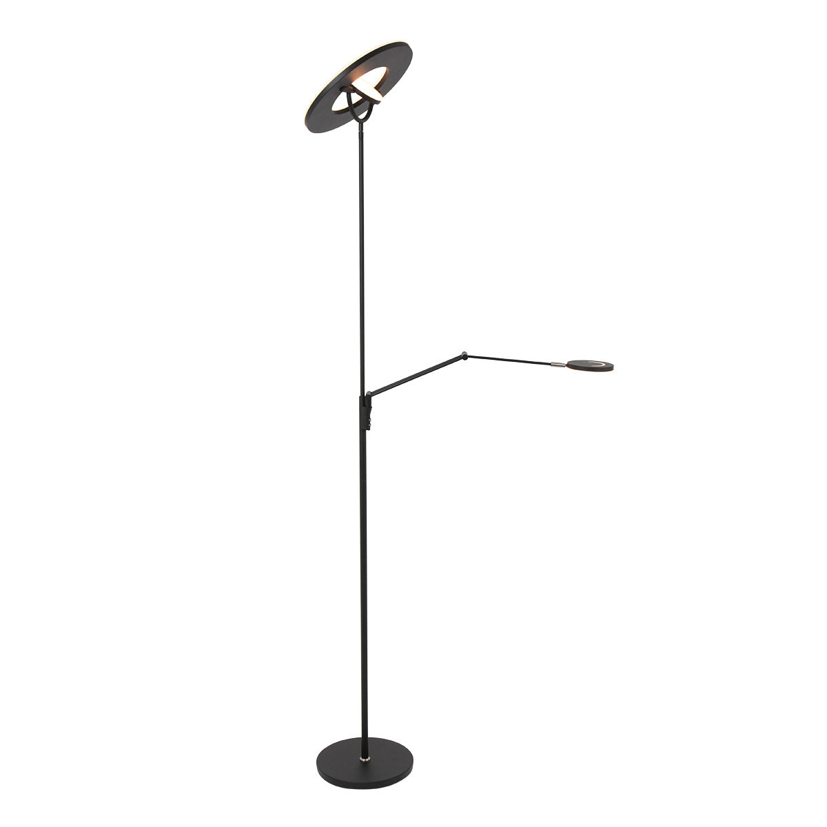 Lampadaire design noir, vue de trois quarts avec disque haut basculé et bras tendu.