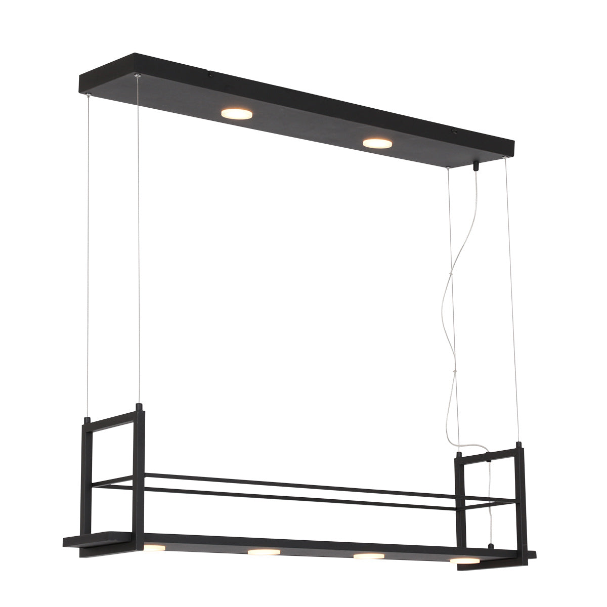 Vue d'ensemble du luminaire suspendu noir avec structure rectangulaire ouverte et éclairage intégré