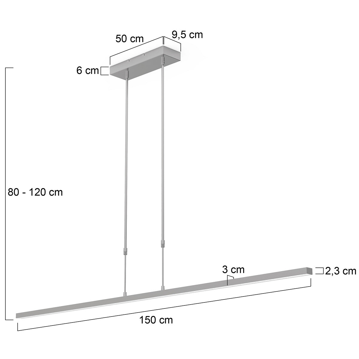Barre led suspendue acier, vue détaillée des tiges réglables