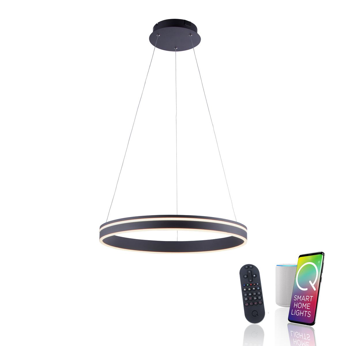 Vue produit avec télécommande et application Smart Home, suspension LED connectée anthracite.
