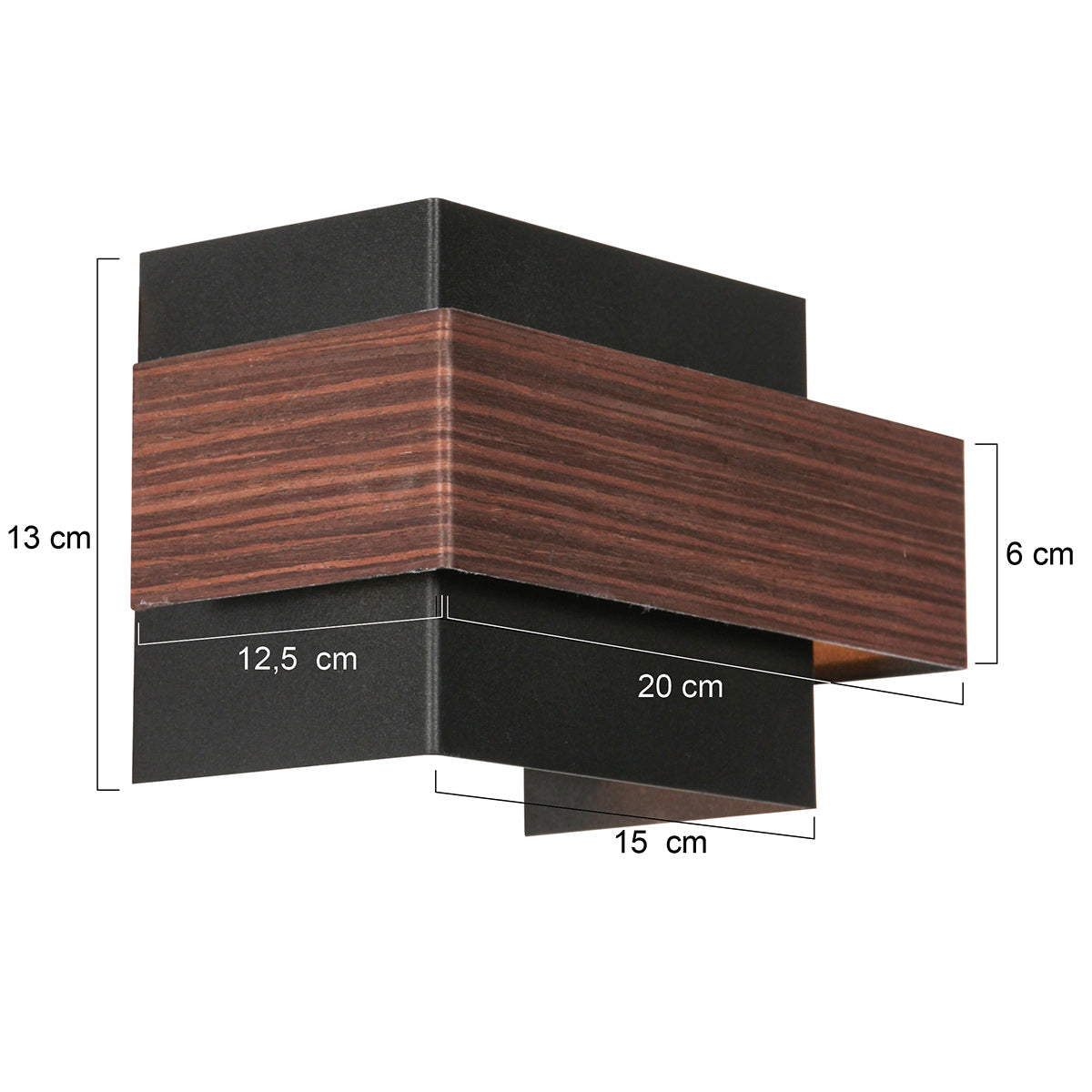 Schéma coté du luminaire avec dimensions 13, 12,5, 20, 15 et 6 cm