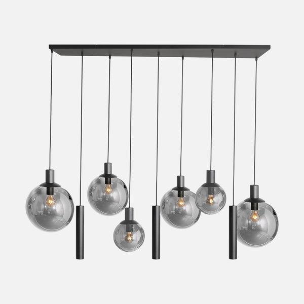 Suspension boule verre fumé noire, 9 lumières 160 cm pour salon | Bollique