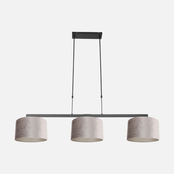 Suspension abat-jour, barre noire 3 velours gris réglable 97-167 cm | Velsa
