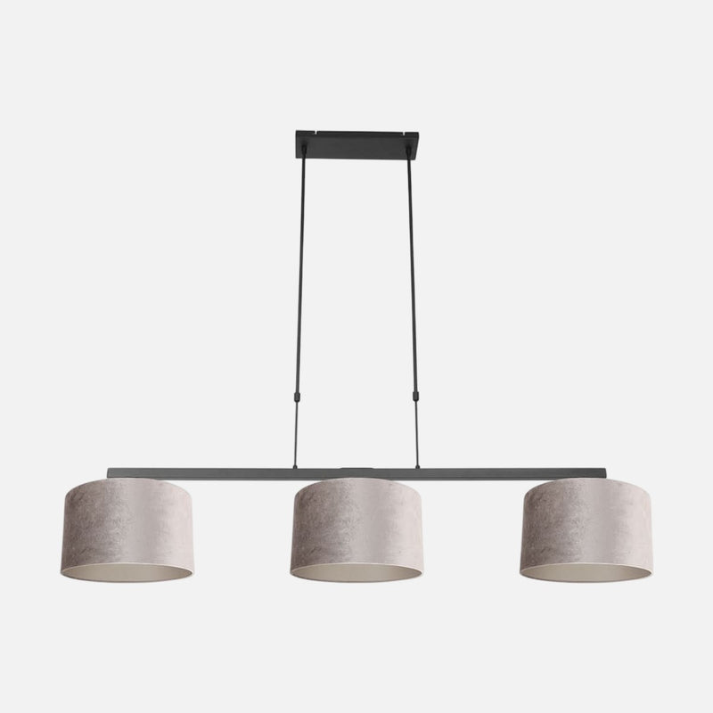 Suspension abat-jour, barre noire 3 velours gris réglable 97-167 cm | Velsa