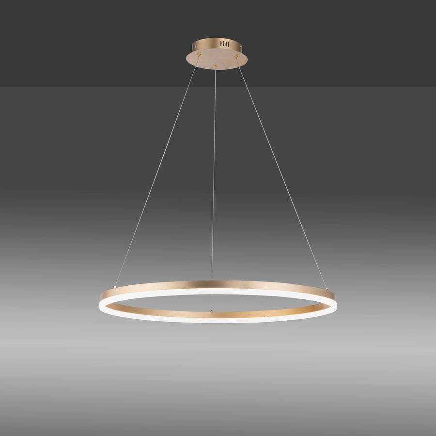 Vue de face du luminaire suspendu sur fond gris dégradé, anneau allumé