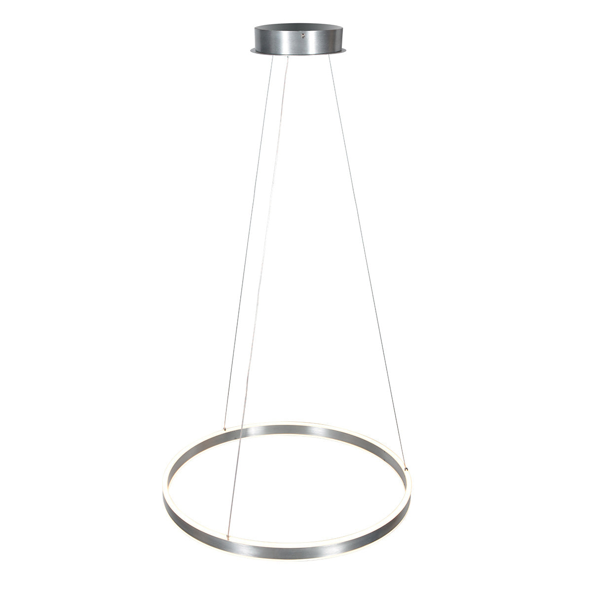 Vue légèrement en plongée du luminaire complet, rosace et anneau éclairé en blanc.