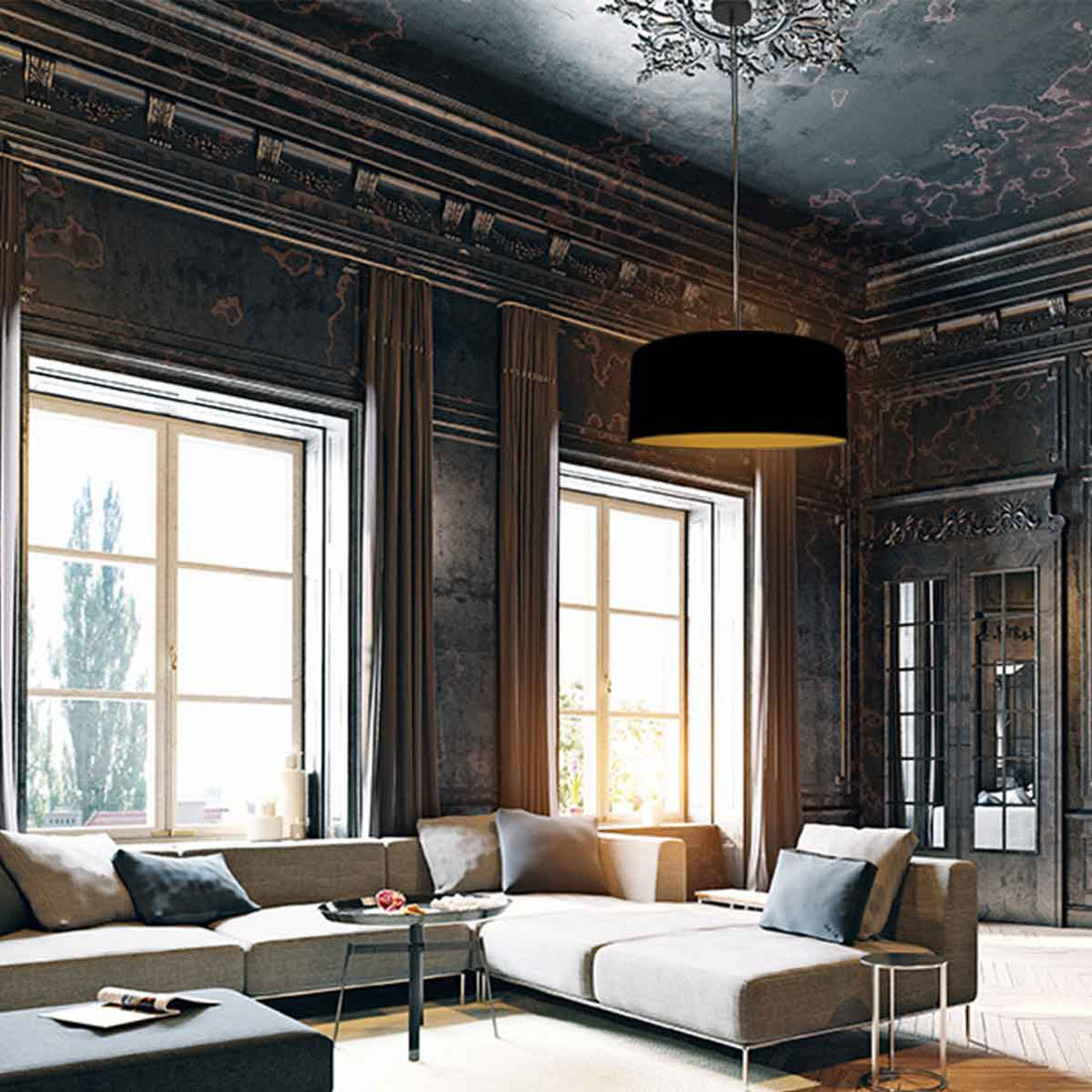 Hängeleuchte Leinen schwarz innen gold Ø 50 cm, E27 | Sparkled Leinen