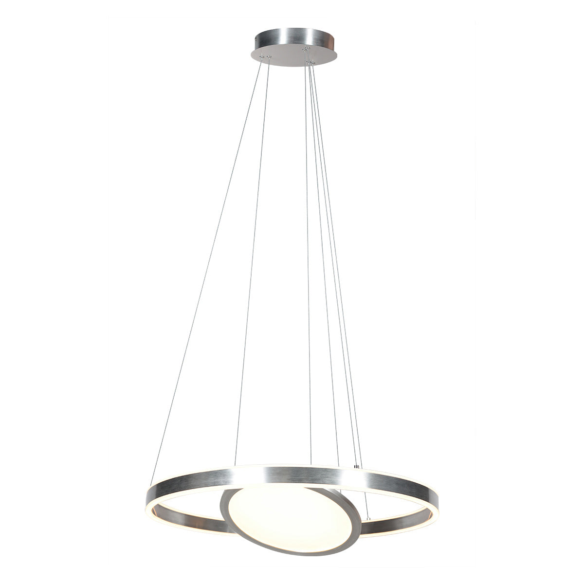 Suspension complète vue de trois quarts avec câbles et rosace de plafond.