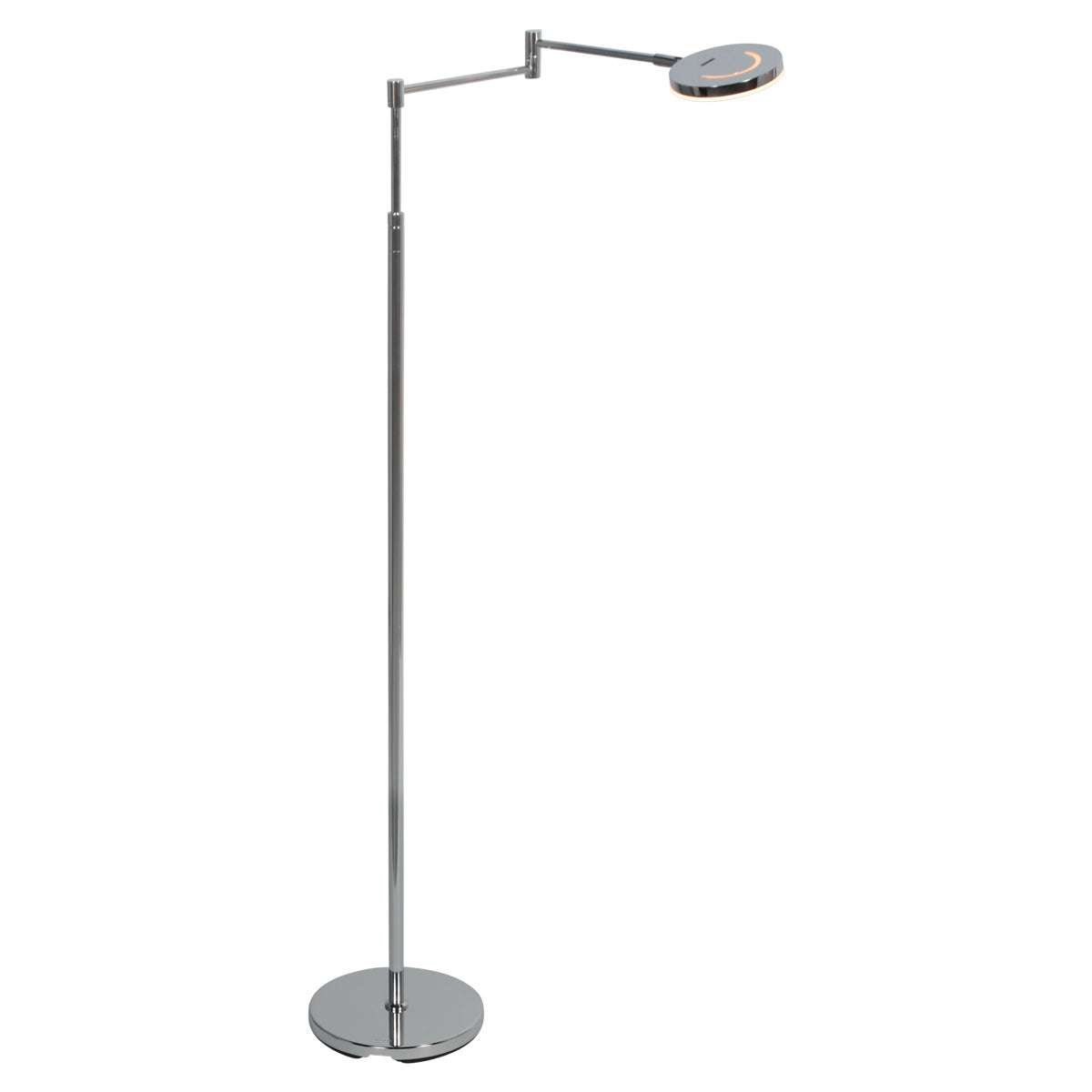 Lampadaire présenté en vue trois quarts sur fond blanc, socle circulaire apparent