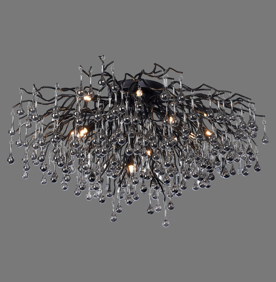 Vue de face du plafonnier sur fond gris, structure noire et pendants en verre