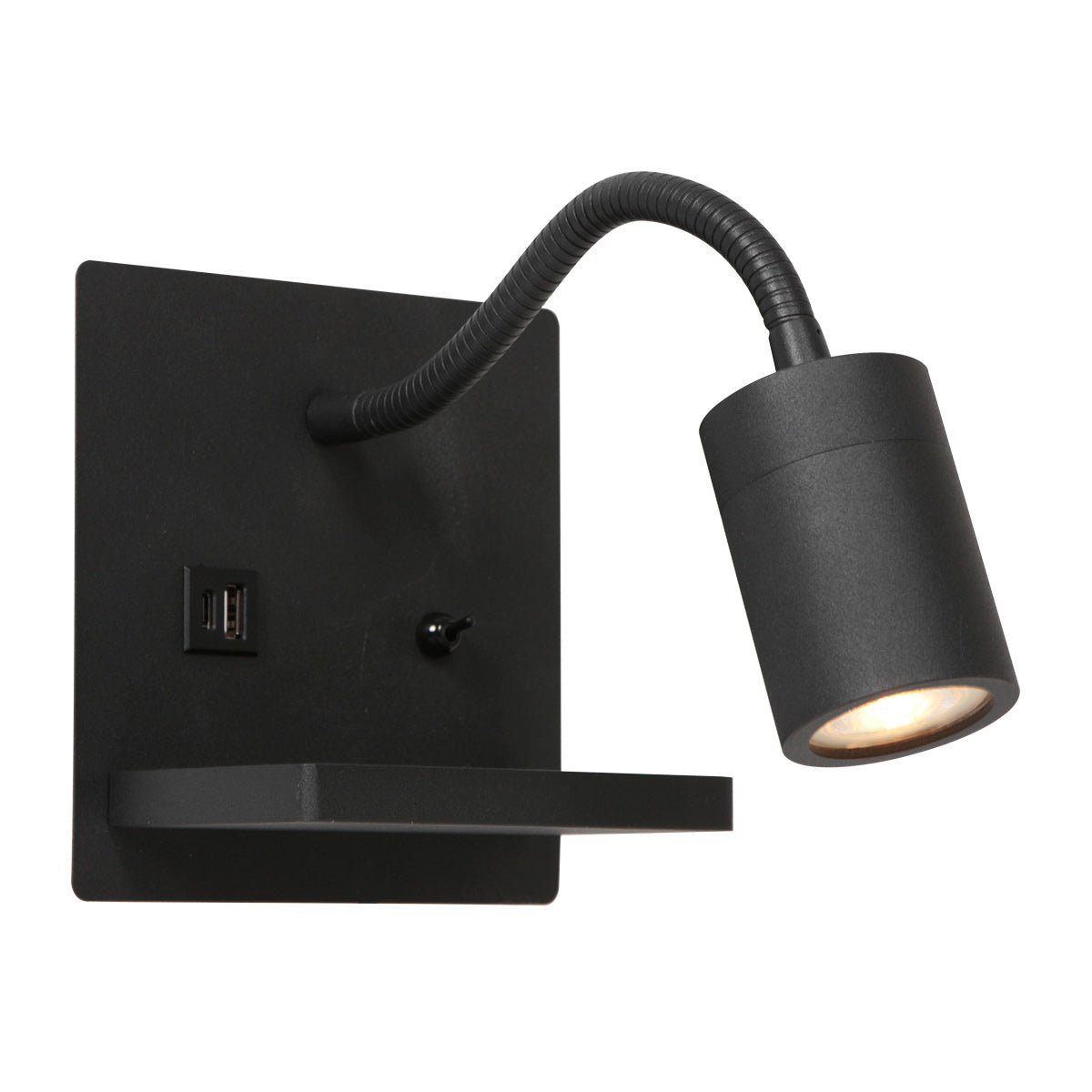 Luminaire mural noir de face, bras flexible et tête cylindrique orientable sur fond blanc