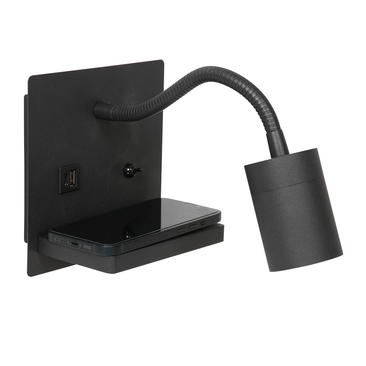 Lampe murale noire avec smartphone posé en charge sans fil sur la tablette support